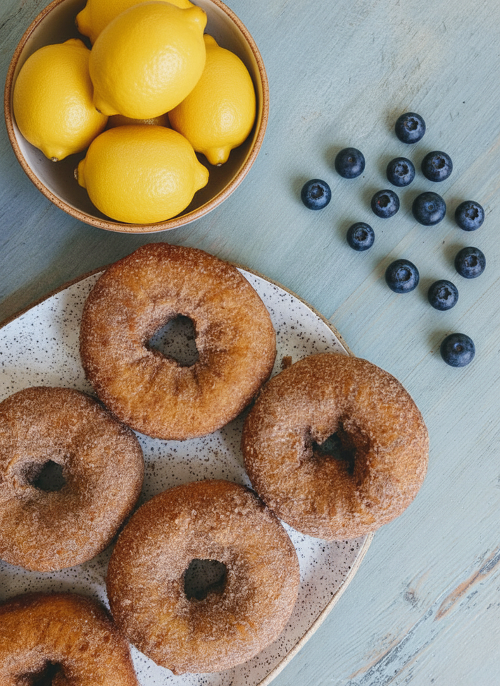 Bowl of lemons, scattered blueberries, and a plate of cinnamon-sugar donuts on a blue wooden table.