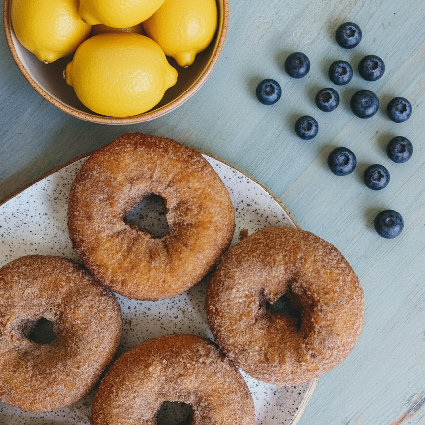 Plate of four cinnamon-sugar donuts with a bowl of lemons and scattered blueberries on a pale blue table