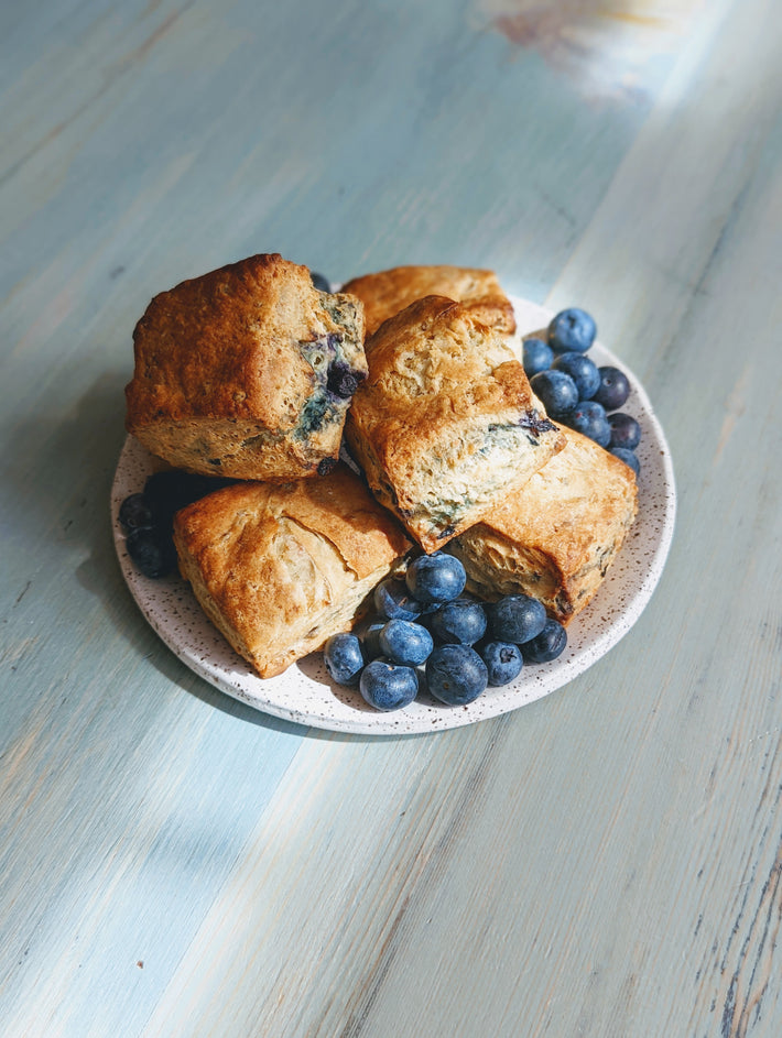Blueberry biscuits on a plate with fresh blueberries