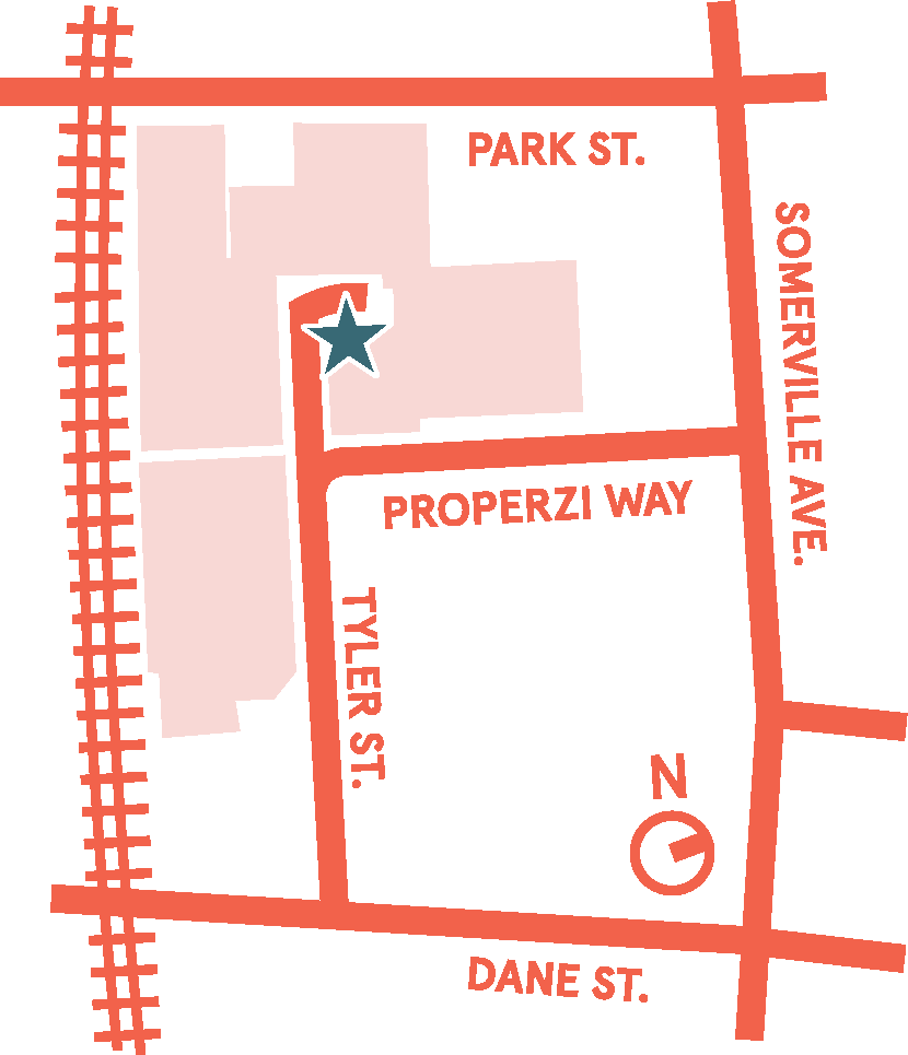 Map to Wildgrain Bakehouse, 29R Properzi Way, Somerville: off Properzi Way between Park St and Dane St, one block west of Somerville Ave