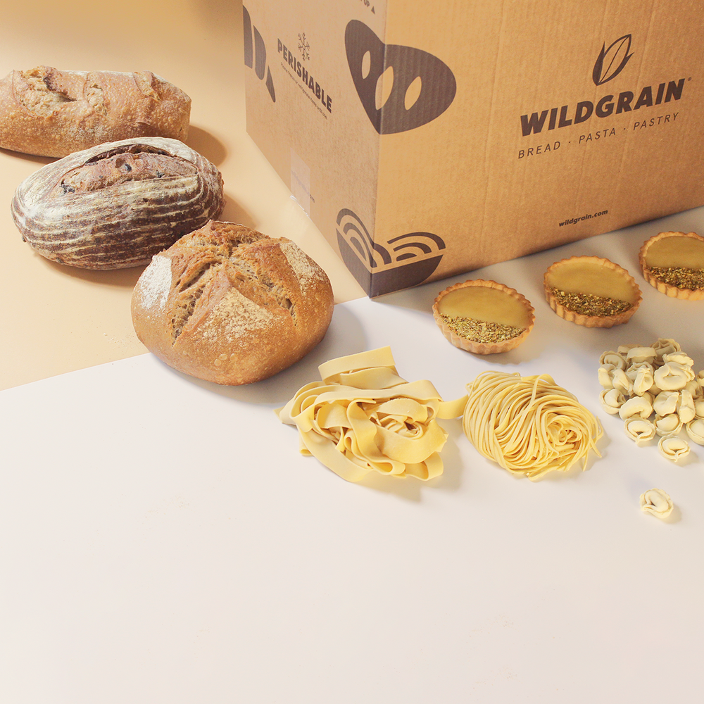 Wildgrain Gift Box containing various breads and fresh pasta including tortellini